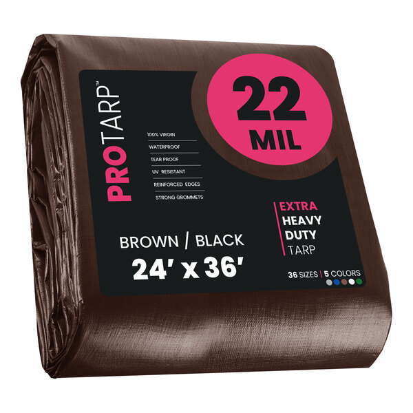 A brown plastic tarp with black text and reinforced edges that reads "22 Mil" in black.