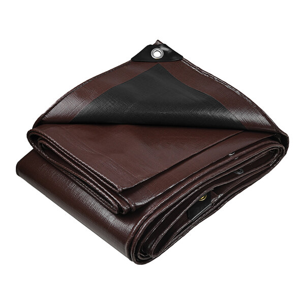 A folded brown tarp with black edges.
