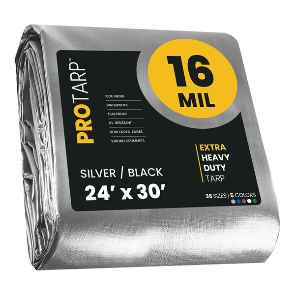 A roll of ProTarp weatherproof silver and black poly tarp.