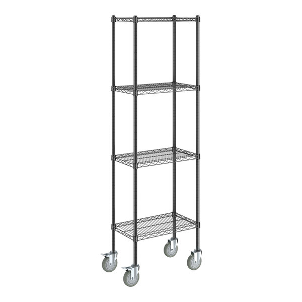 A Steelton black metal wire shelving unit with wheels.