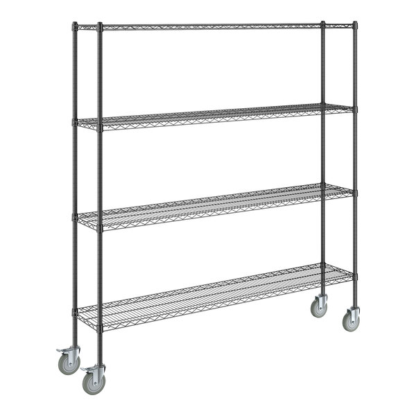 A Steelton black wire shelving unit with wheels.