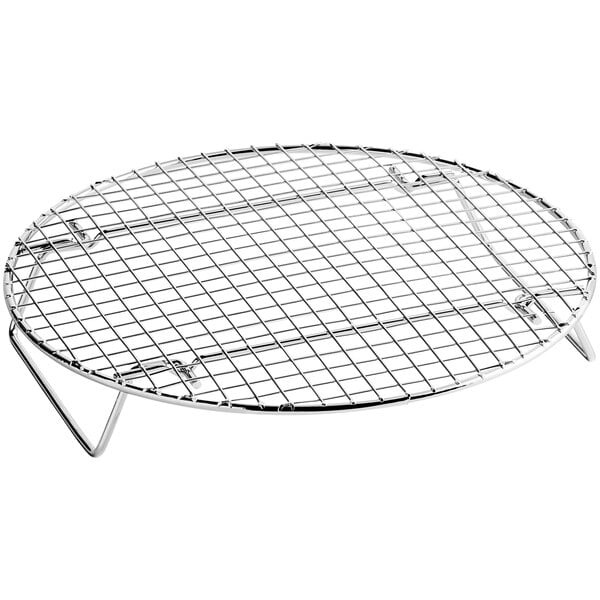A round chrome-plated steel wire rack with a metal grid.