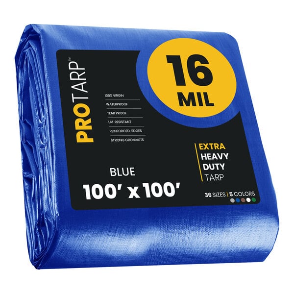 A blue ProTarp with reinforced edges and black and yellow packaging.