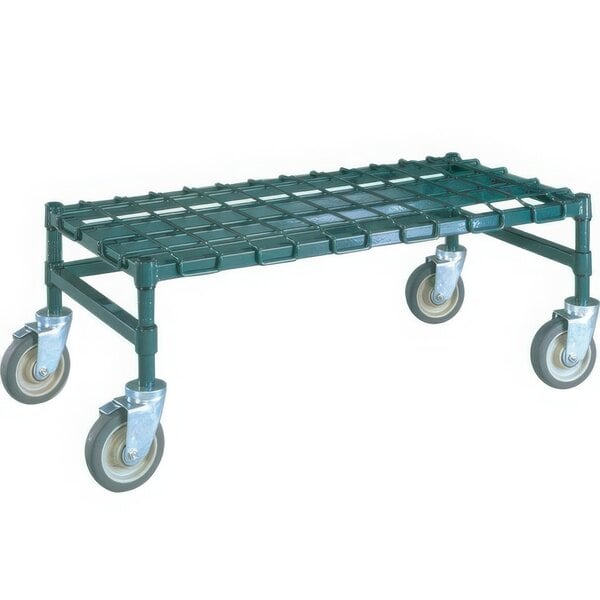 A green metal Metro dunnage rack with wheels and a wire grid.