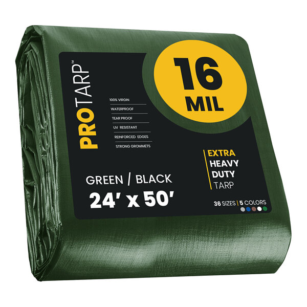 A green ProTarp with a yellow label wrapped in a roll.