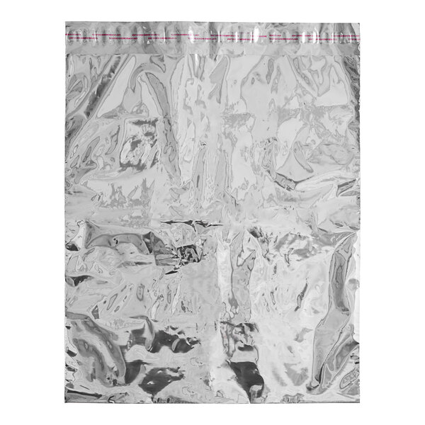 A silver metallized bag with a pink stripe.