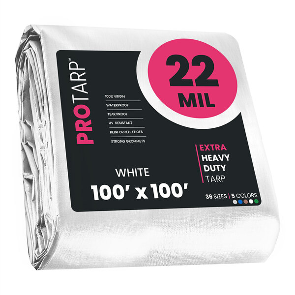 A roll of white ProTarp poly tarp with a black and pink label.