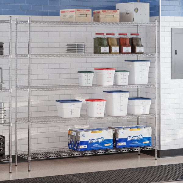 A chrome 5-shelf storage rack with various containers and boxes placed on its shelves.