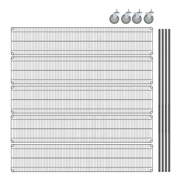 A Steelton wire shelving kit with black epoxy shelves, wheels, and metal rods.