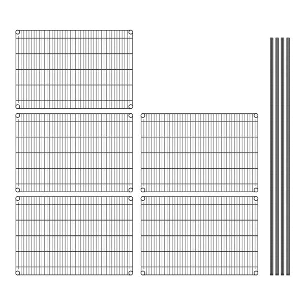 A grid of metal rods and wire mesh shelves.