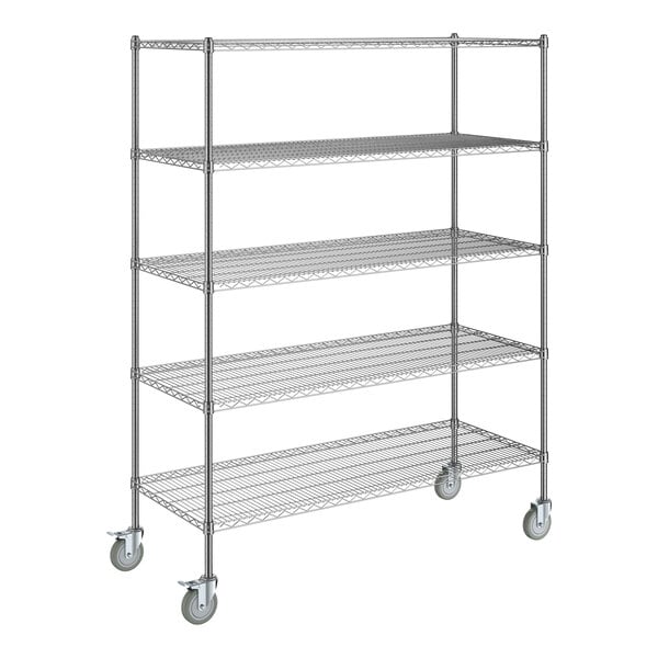 A Steelton chrome wire shelving unit with wheels.