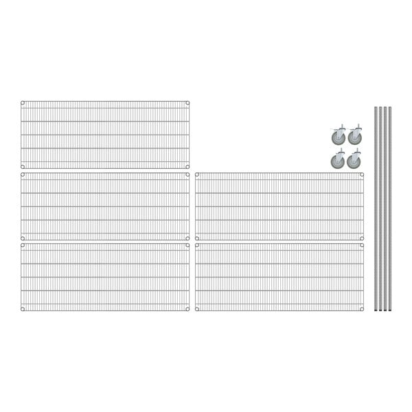 A white grid with metal rods and wheels.