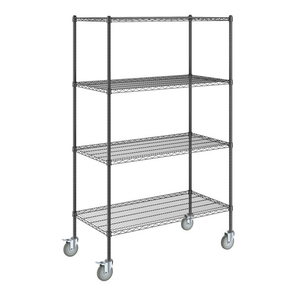 A black metal wire shelving unit with wheels.