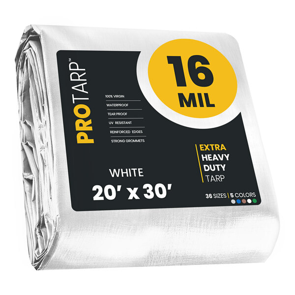 A white ProTarp package with black and yellow labels.