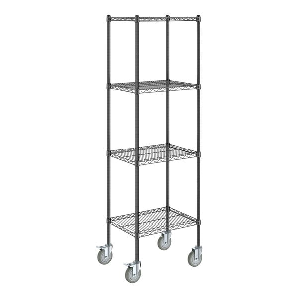 A Steelton black wire shelving unit with wheels.