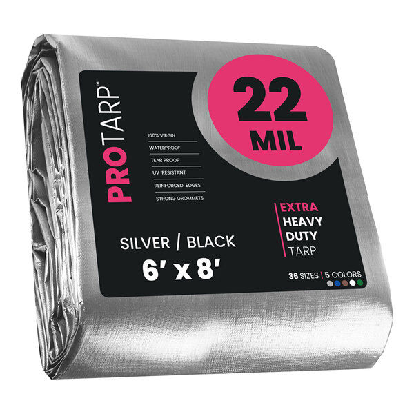 A roll of ProTarp silver and black heavy-duty weatherproof tarp.