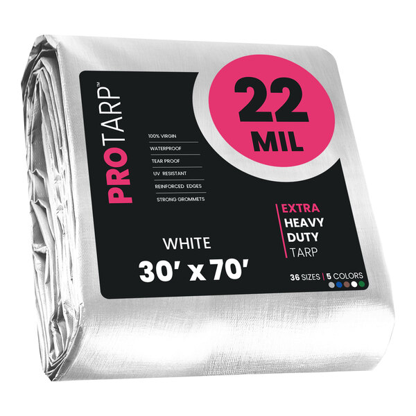 A white ProTarp with reinforced edges in plastic packaging.
