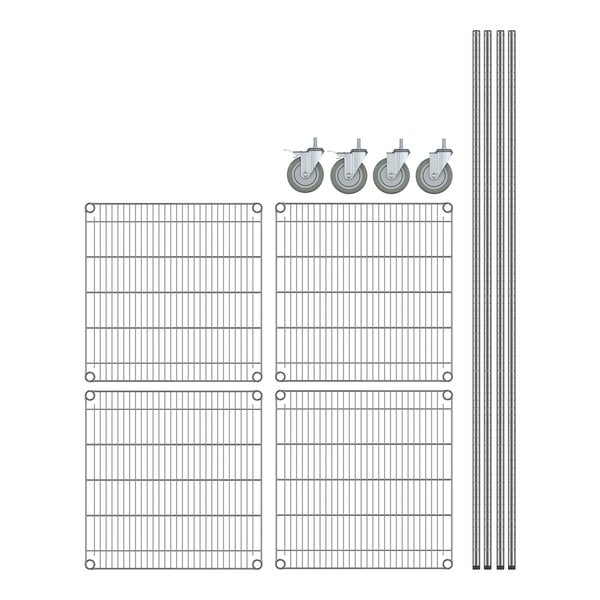 A Steelton wire shelving kit with wire mesh grids and metal rods on casters.