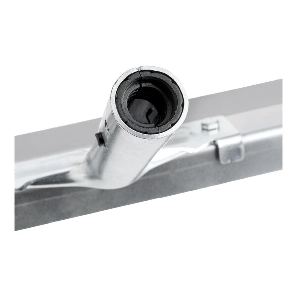 A close-up view of the metal frame and handle attachment of a heavy-duty rubber floor squeegee.