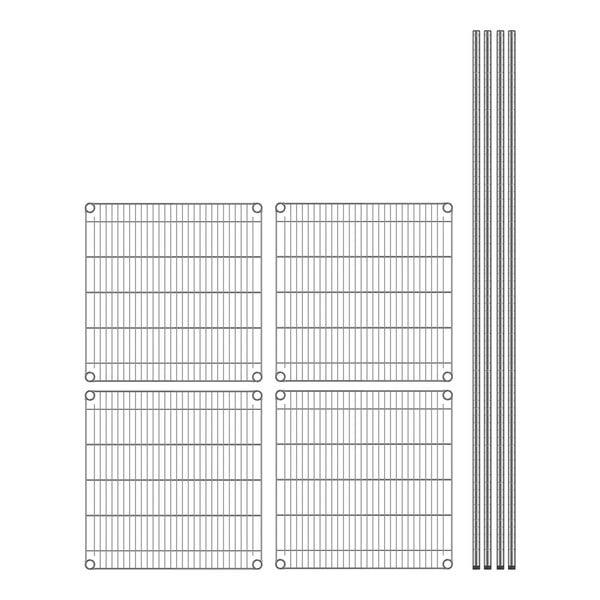 A grid of wire shelves with metal rods.