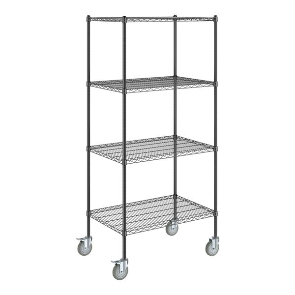 A Steelton black wire shelving unit with casters.