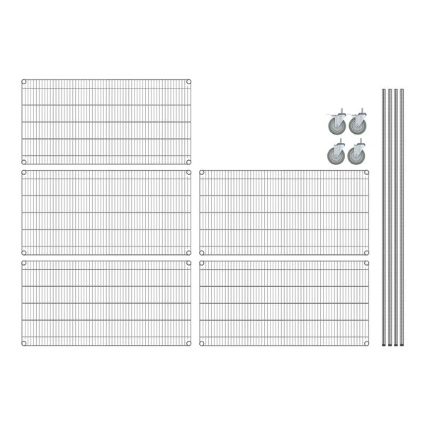 A wire grid shelf with wheels.