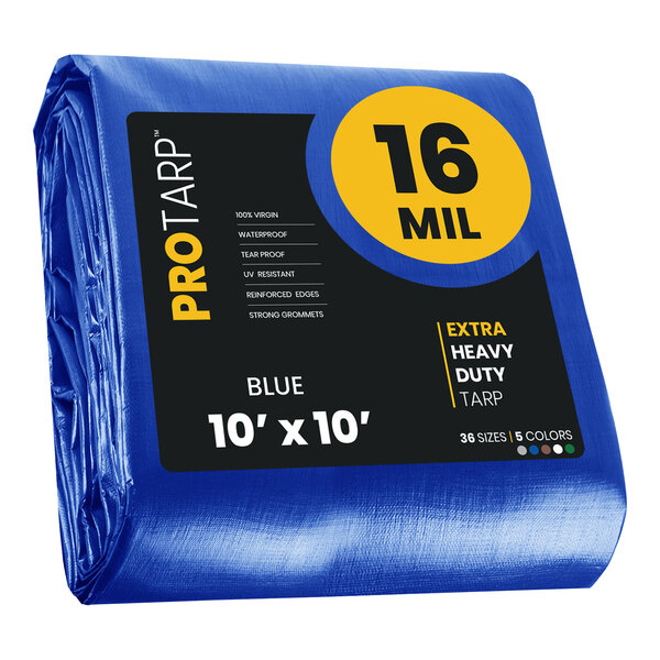 A blue ProTarp with reinforced edges and black and yellow text wrapped in plastic.