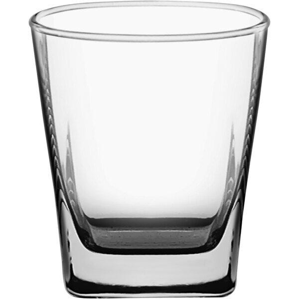 A clear Plaza Rocks glass with a small bottom.