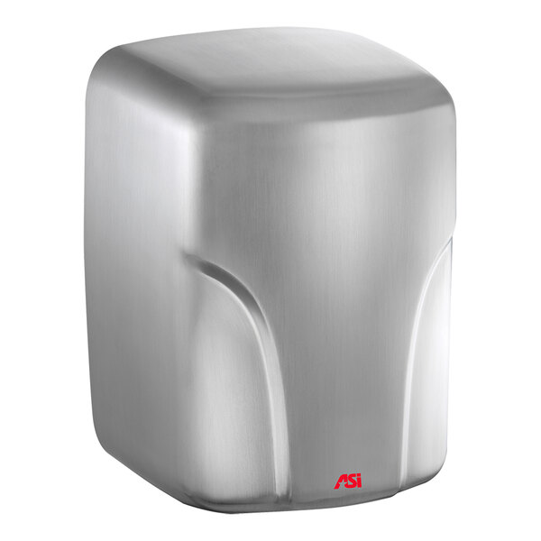 A stainless steel, surface-mounted automatic high-speed hand dryer.