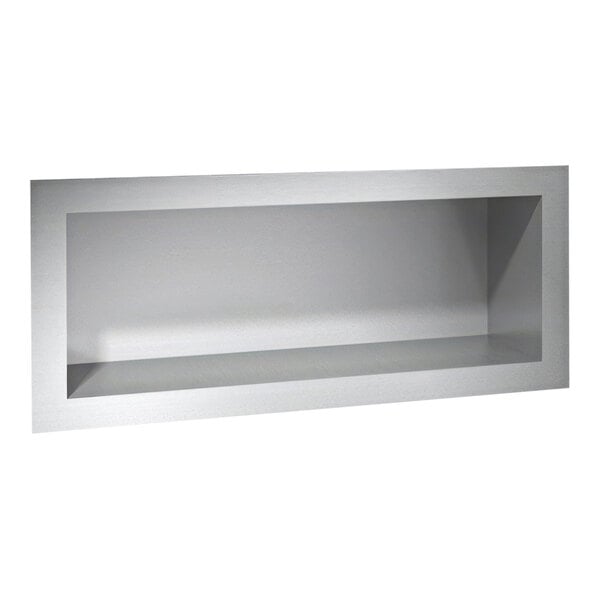 A silver stainless steel recessed shelf.