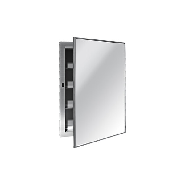 A white rectangular recessed stainless steel medicine cabinet door with a mirror.