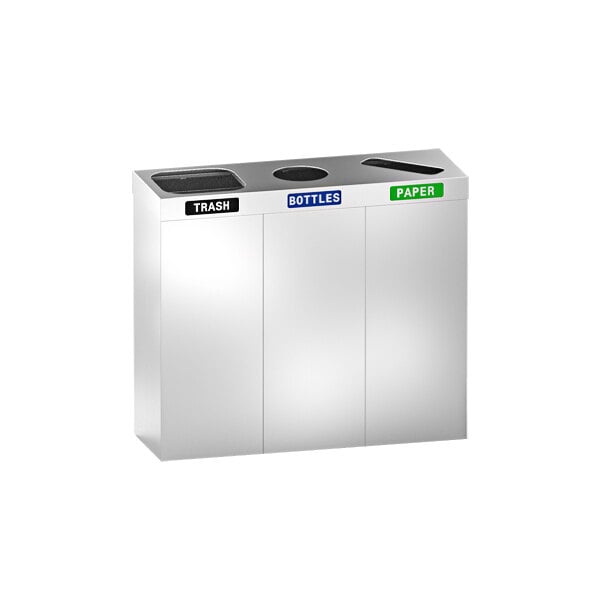 A silver free-standing recycling station with three bins.