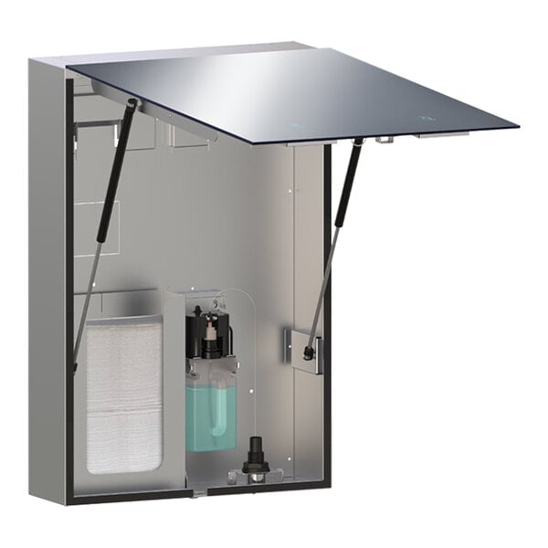 A stainless steel wall-mounted cabinet with a frameless mirror, integrated liquid soap dispenser, and hand dryer.