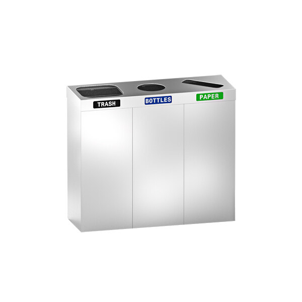 A silver free-standing recycling station with three bins, two silver and one blue.