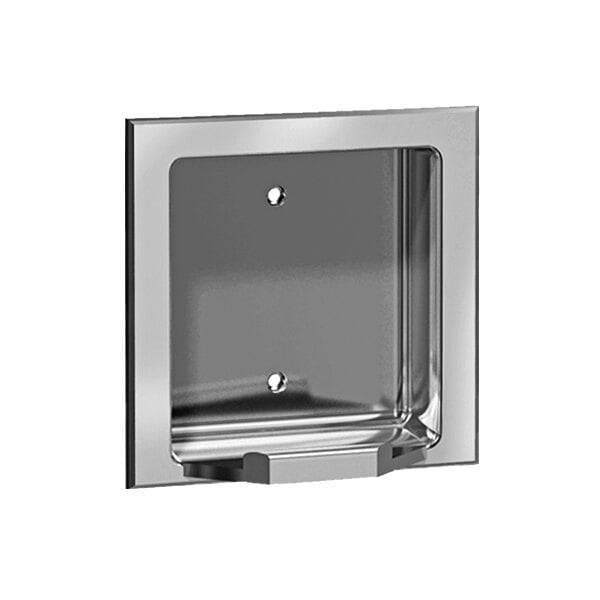 A rectangular silver stainless steel soap dish with holes in the bottom.