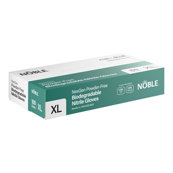A box of Noble NexGen powder-free biodegradable nitrile gloves in extra large size.