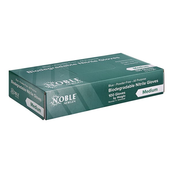 A box of blue Noble biodegradable nitrile gloves on a counter.