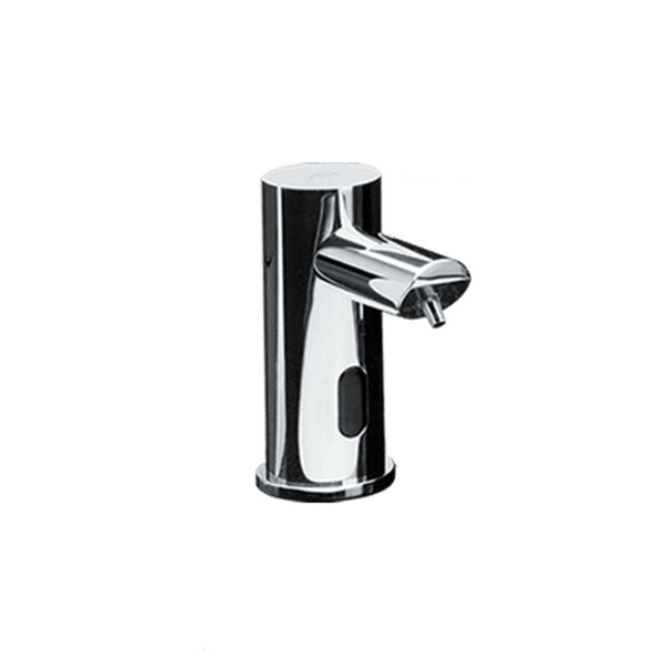A close-up of a polished silver American Specialties, Inc. liquid foaming soap dispenser with a black and white remote.