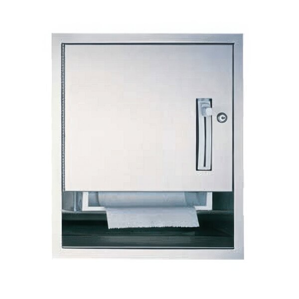 A white cabinet with an American Specialties, Inc. recessed manual roll paper towel dispenser.