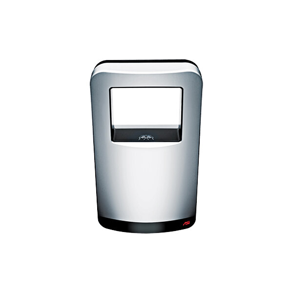 A white and black rectangle American Specialties, Inc. Tri-Umph automatic hand dryer.