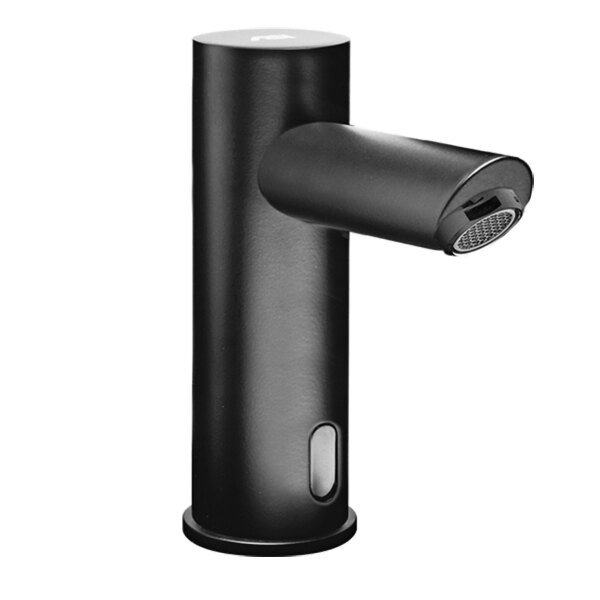 An American Specialties, Inc. matte black touchless faucet with a round black handle.