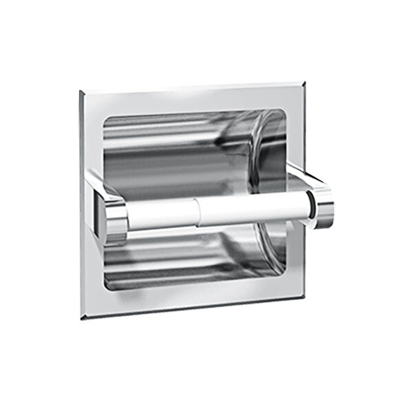 A chrome American Specialties, Inc. recessed single roll toilet tissue holder with a handle.