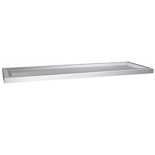 A stainless steel shelf with raised edges.