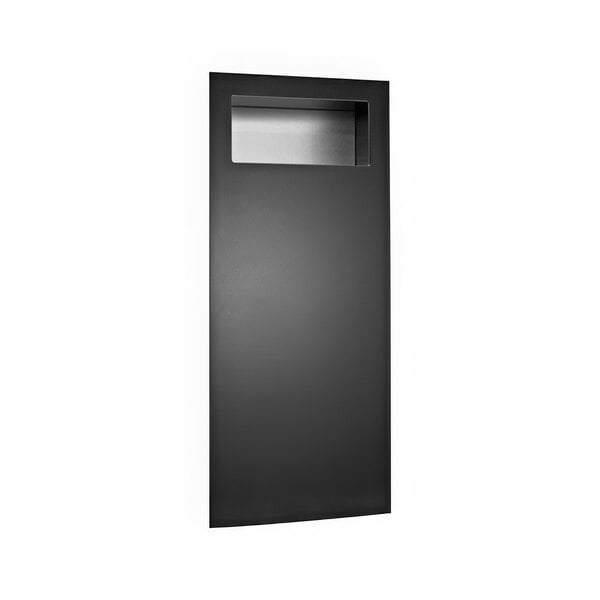 A black rectangular object with a black metal door.