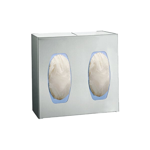A white box with two metal glove dispensers inside.