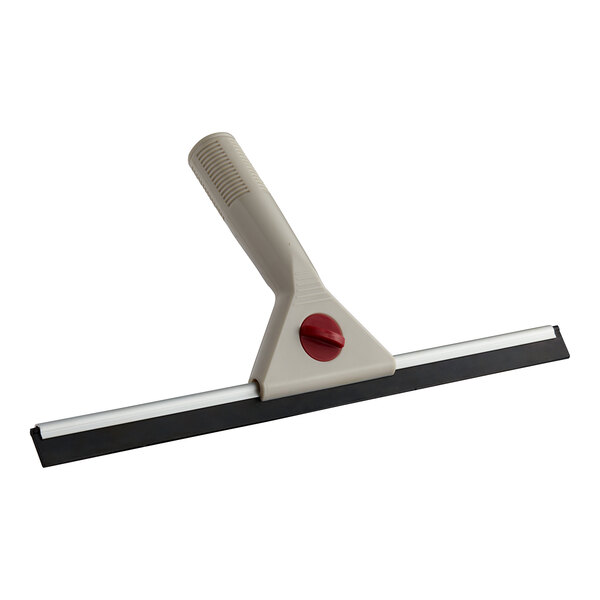 A white and red Lavex plastic window squeegee with a handle.
