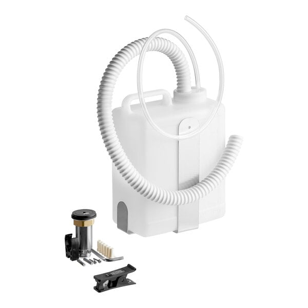 An American Specialties, Inc. white plastic multi-feed kit with a hose and metal clip.