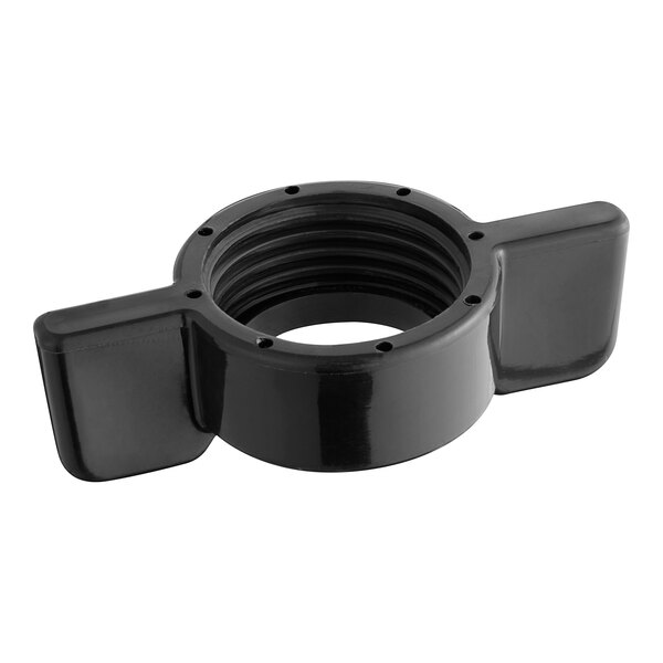 A black plastic nut with a hole in it.