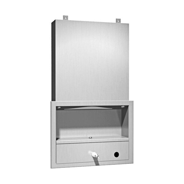 An American Specialties white concealed cabinet with paper, towel, and soap dispensers.