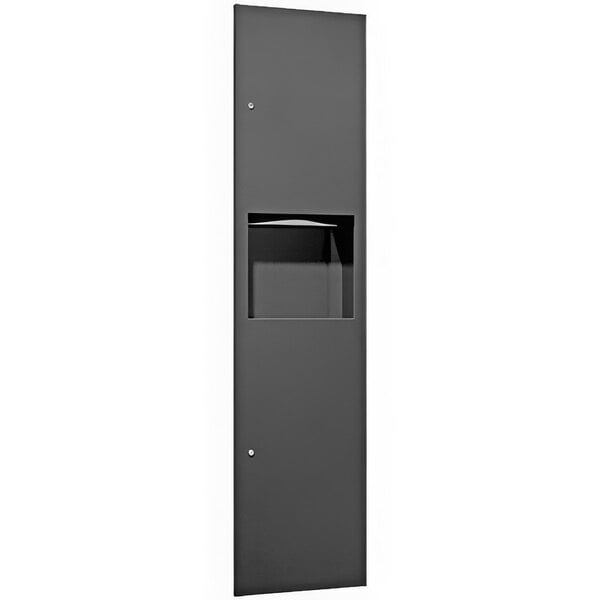 A black metal rectangular recessed paper towel dispenser with a door.